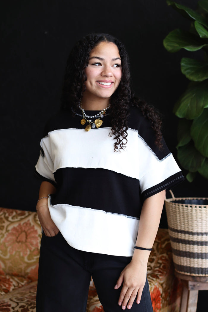 B&W Exposed Seam Striped Short Sleeve Top