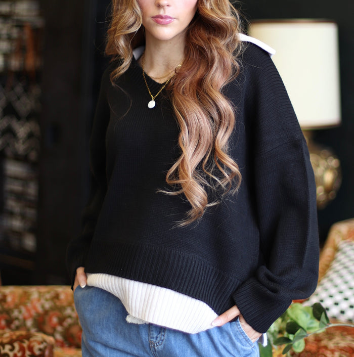 Veronica Collared V-Neck Sweater + Black