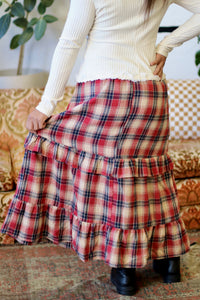 Red Ruffle Plaid Tiered Midi Skirt