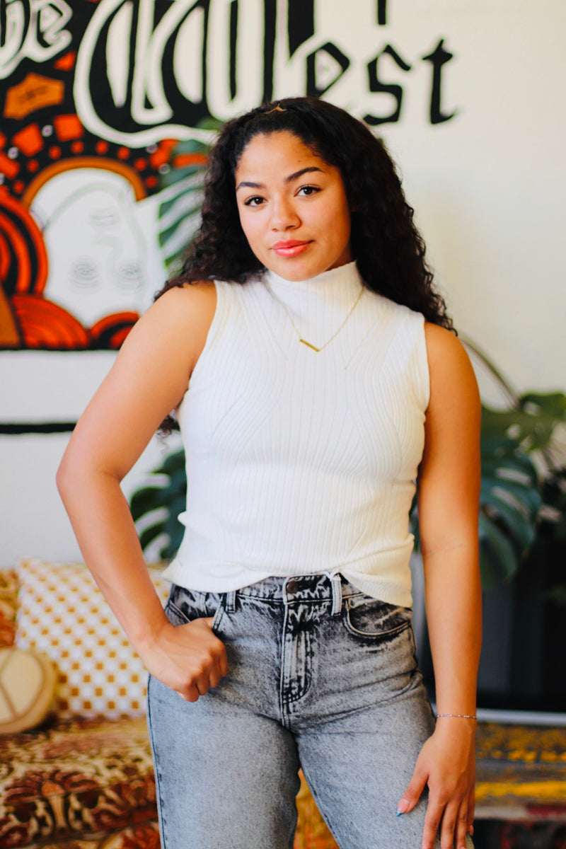 Sleeveless High Neck Ribbed Top + White
