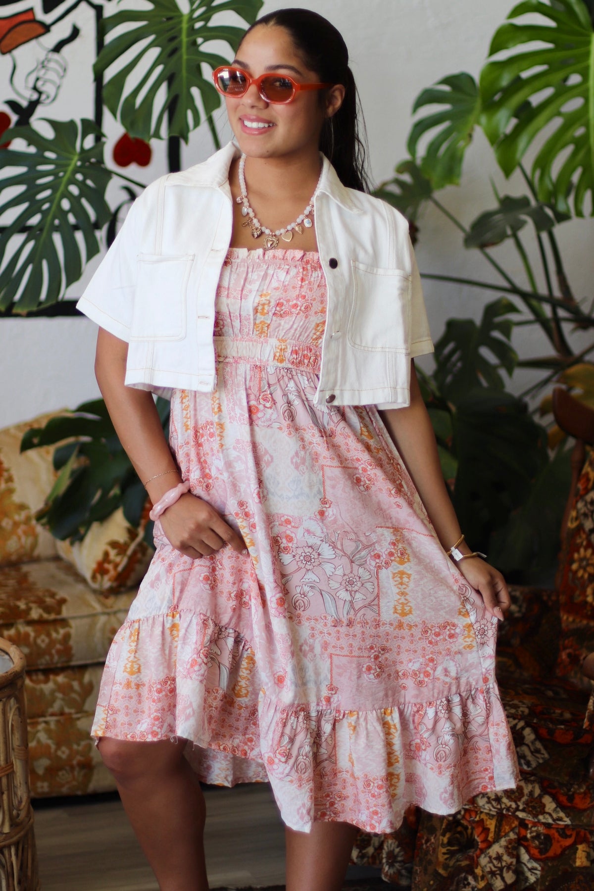 Spaghetti Strap Midi Dress Coral Patchwork