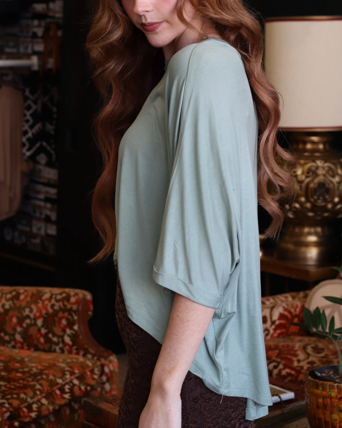 Sage High-Low Batwing Sleeve Top