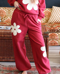 Red Floral Applique Drawstring Jogger Pants