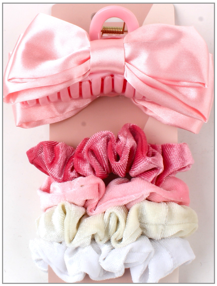 5 PC Bow Clip & Velour Scrunchie - Coral