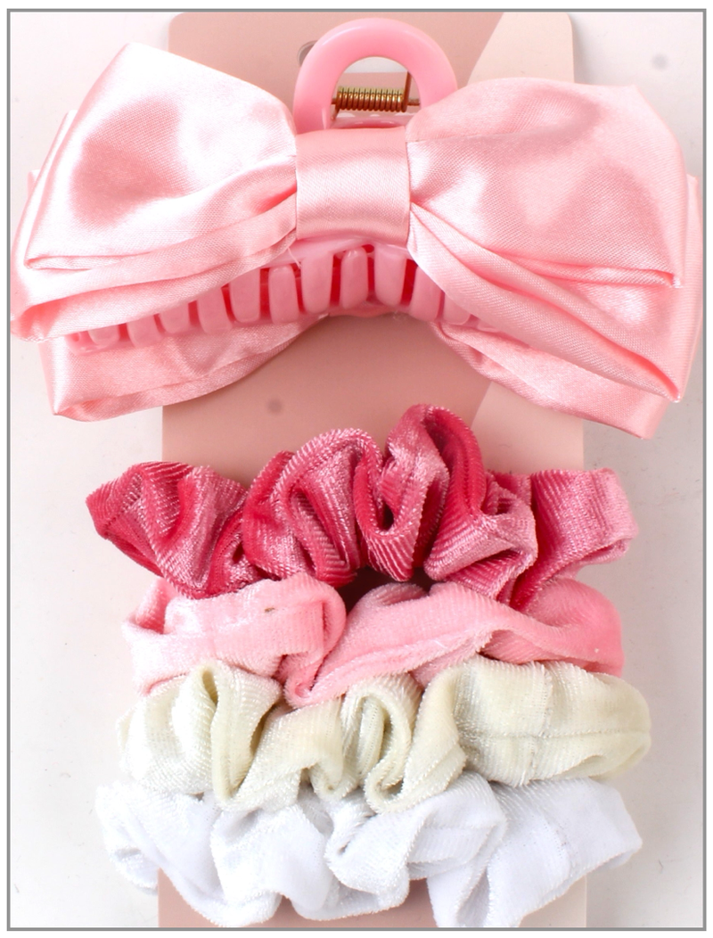 5 PC Bow Clip & Velour Scrunchie - Coral