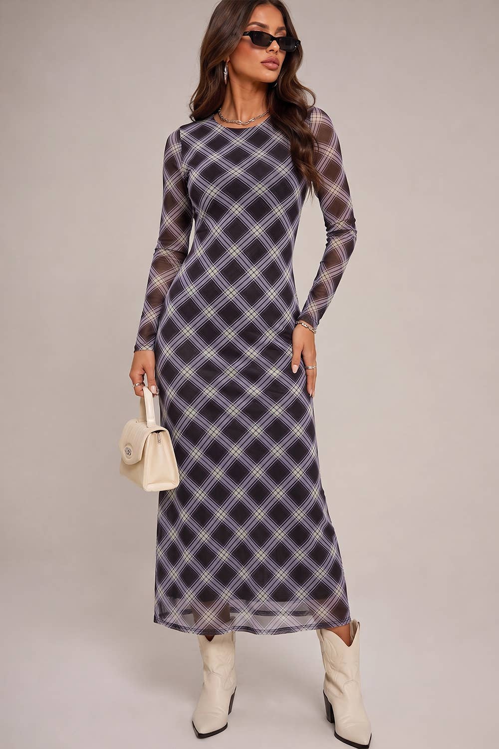 Trinity Navy Plaid Long Sleeve Maxi Dress