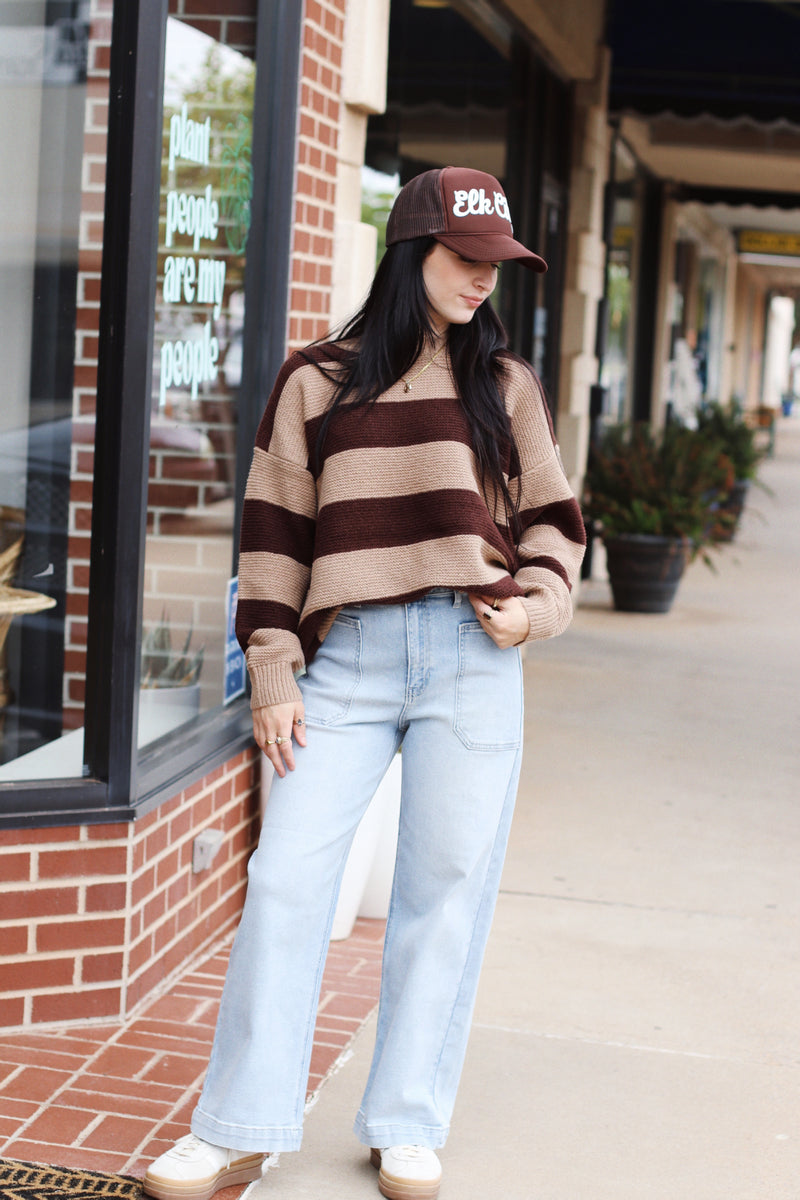 Striped Gameday Sweater + Taupe/Brown