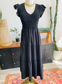 Black Flutter Sleeve Midi Dress