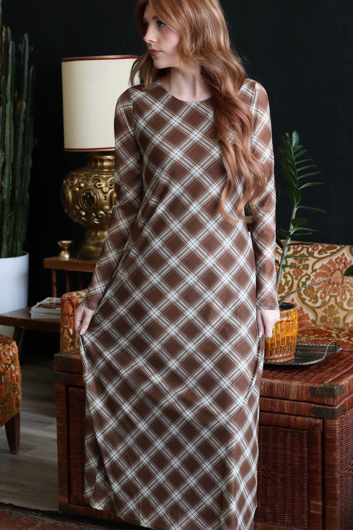 Trinity Mocha Plaid Long Sleeve Maxi Dress