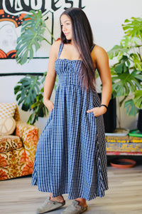 Navy Plaid Corset Midi Dress