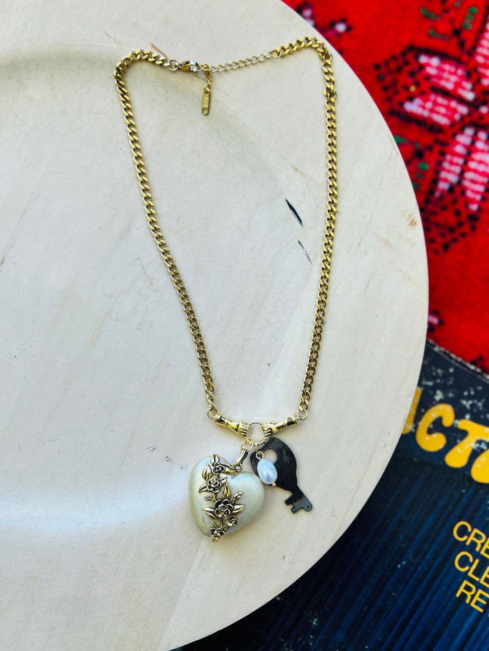 Gold & Pearl Heart & Key Charm Necklace