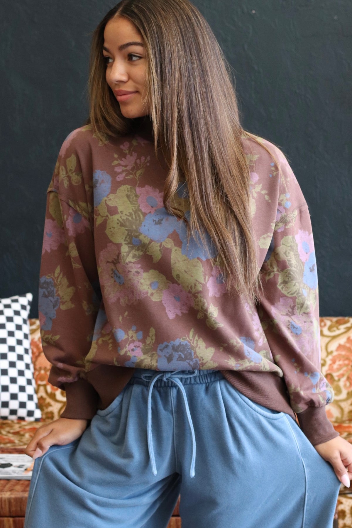 DJ Brown Floral Print Sweatshirt