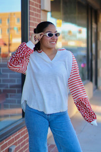 Cream Floral & Stripe Casual Knit Top