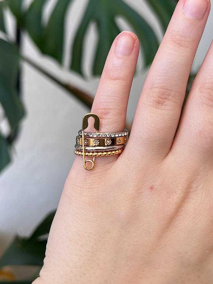 Two Tone 18K Gold Plated 4 Layer Stacked Safety Pin Ring