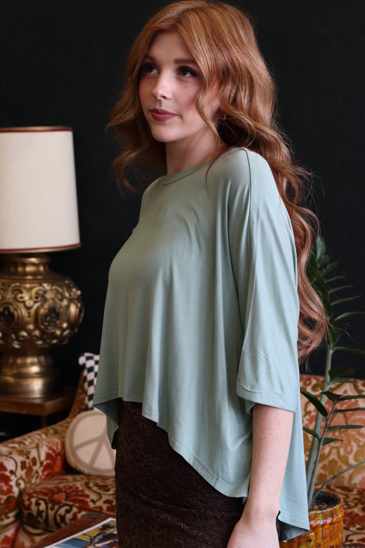 Sage High-Low Batwing Sleeve Top