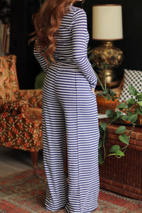 Blue Striped Ribbed Knit Long Sleeve Top & Pants Set