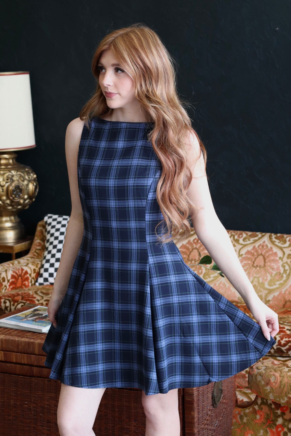 Navy Plaid Sleeveless Woven Mini Dress