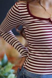 Red Striped Henley Long Sleeve Top