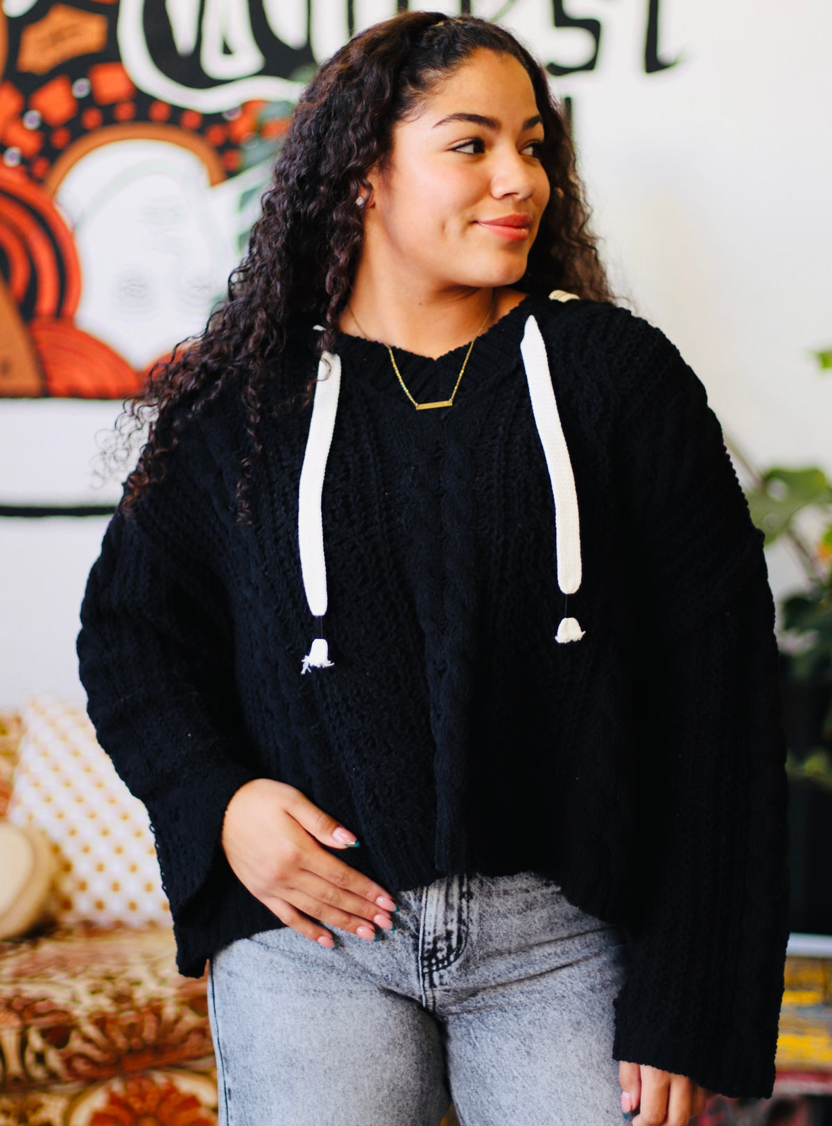 Soft Cable Knit Hooded Sweater + Black