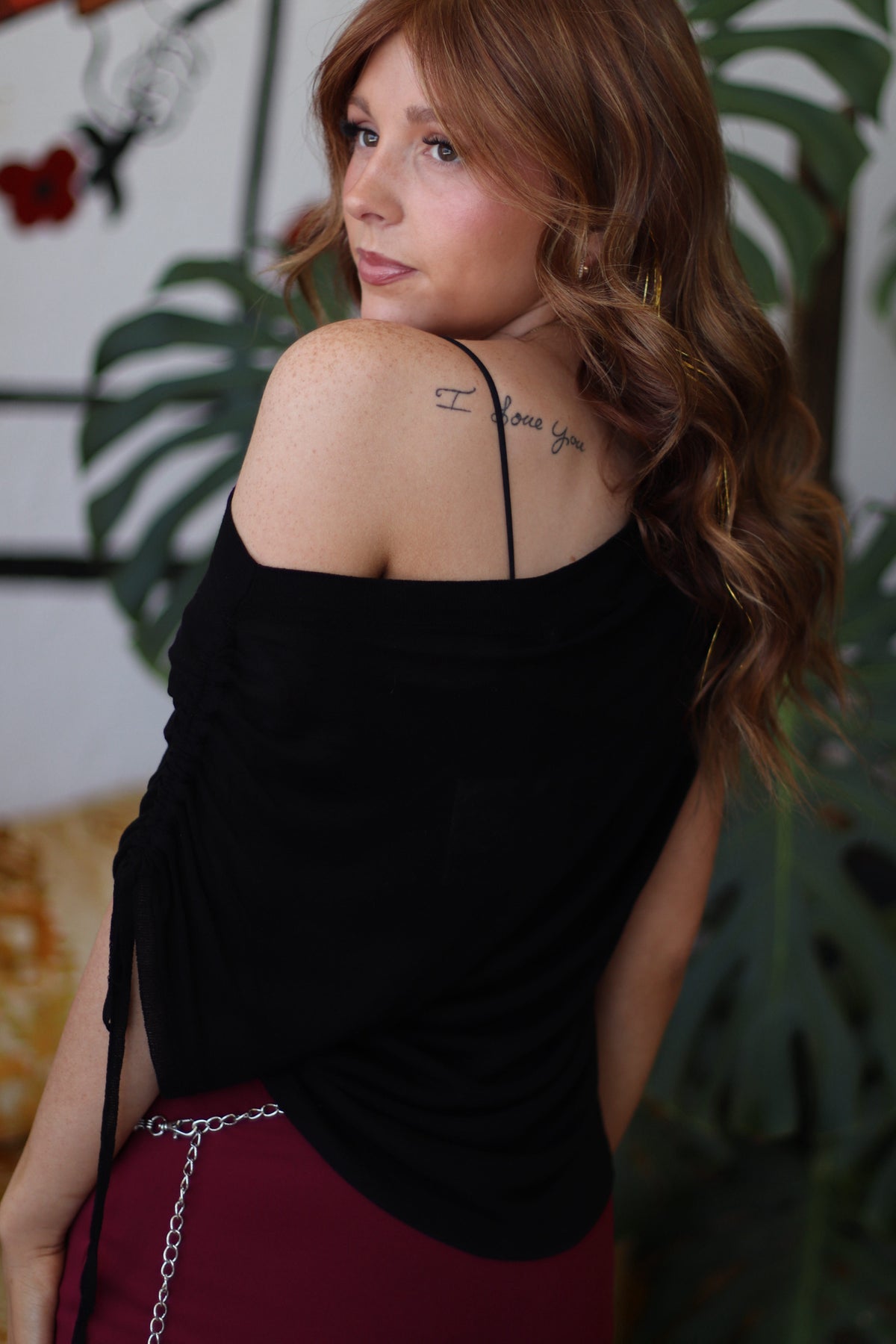 Black Asymmetric Side Drawstring Knit Top