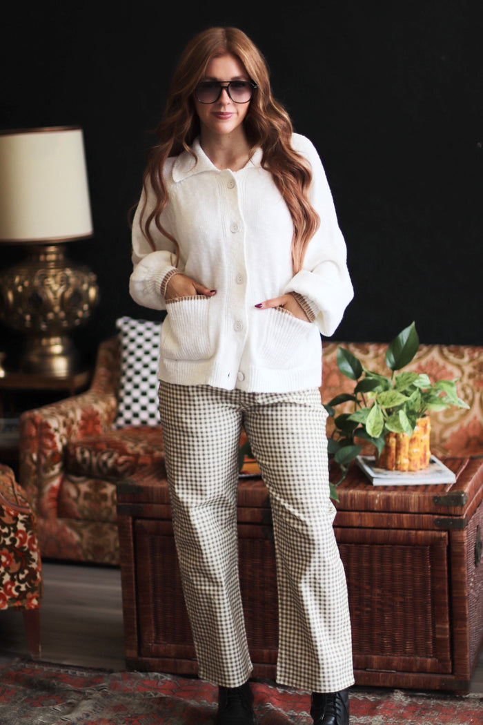 Alice Gingham Barrel Leg Pants in Taupe