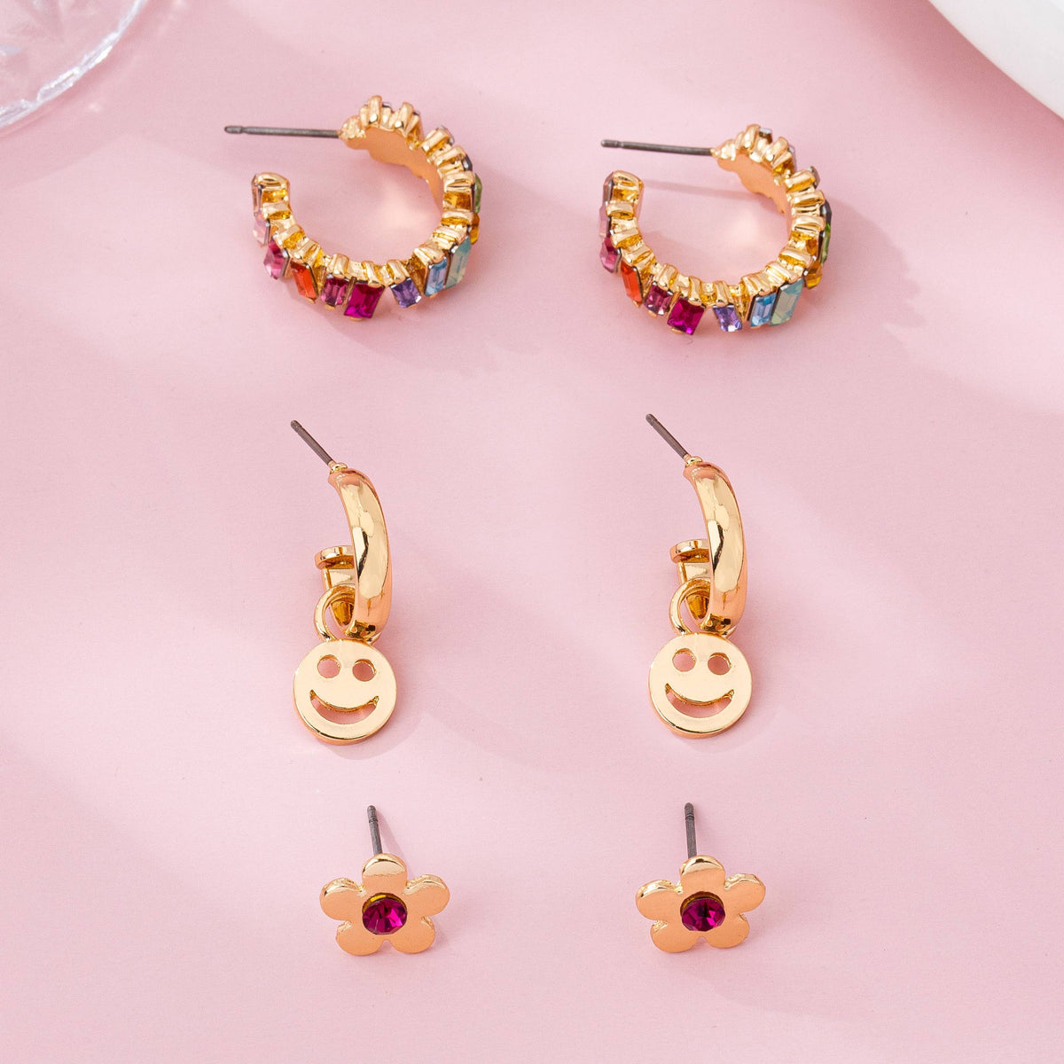 Rainbow, Smiley, and Floral Trio Earrings