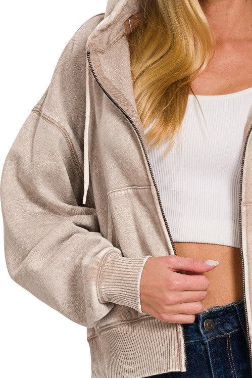 Acid Wash Zipper Jacket in Mocha