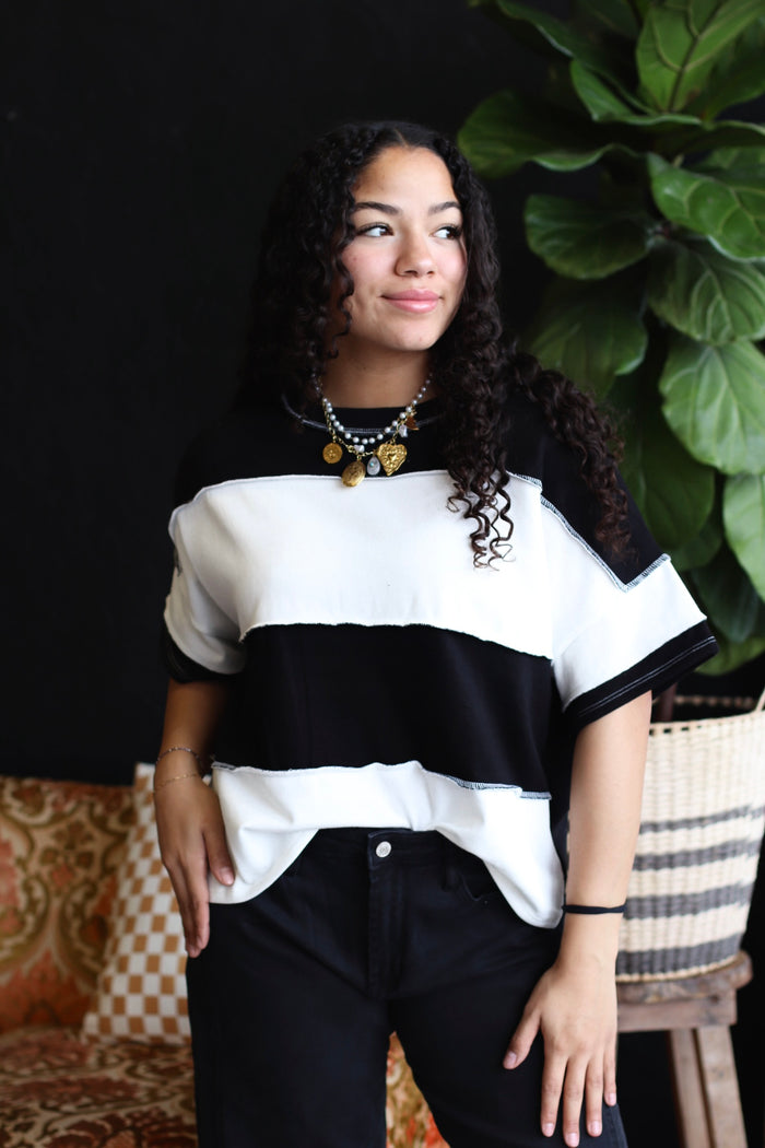 B&W Exposed Seam Striped Short Sleeve Top