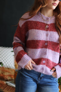 Burgundy Striped Fuzzy Button Down Cardigan
