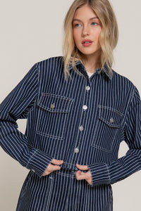 Navy Pinstripe Cropped Denim Jacketu