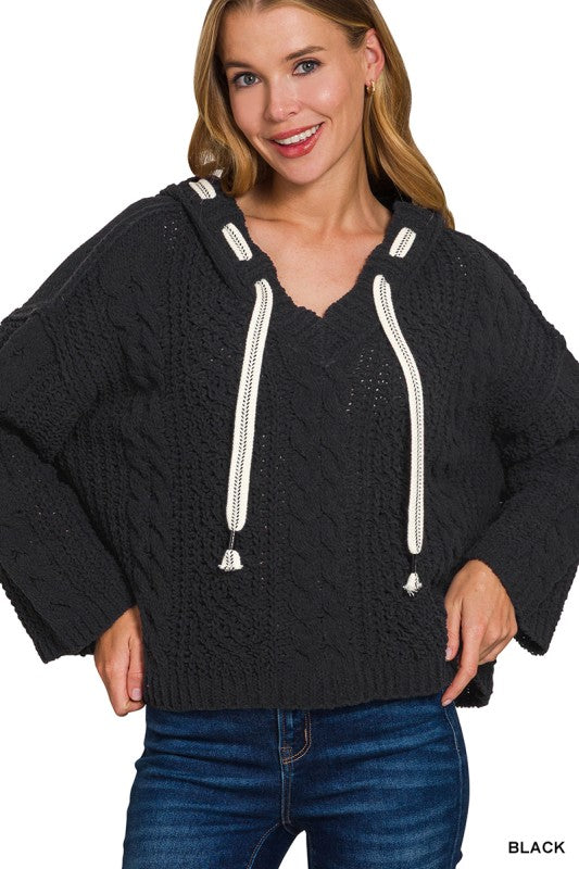 Soft Cable Knit Hooded Sweater + Black