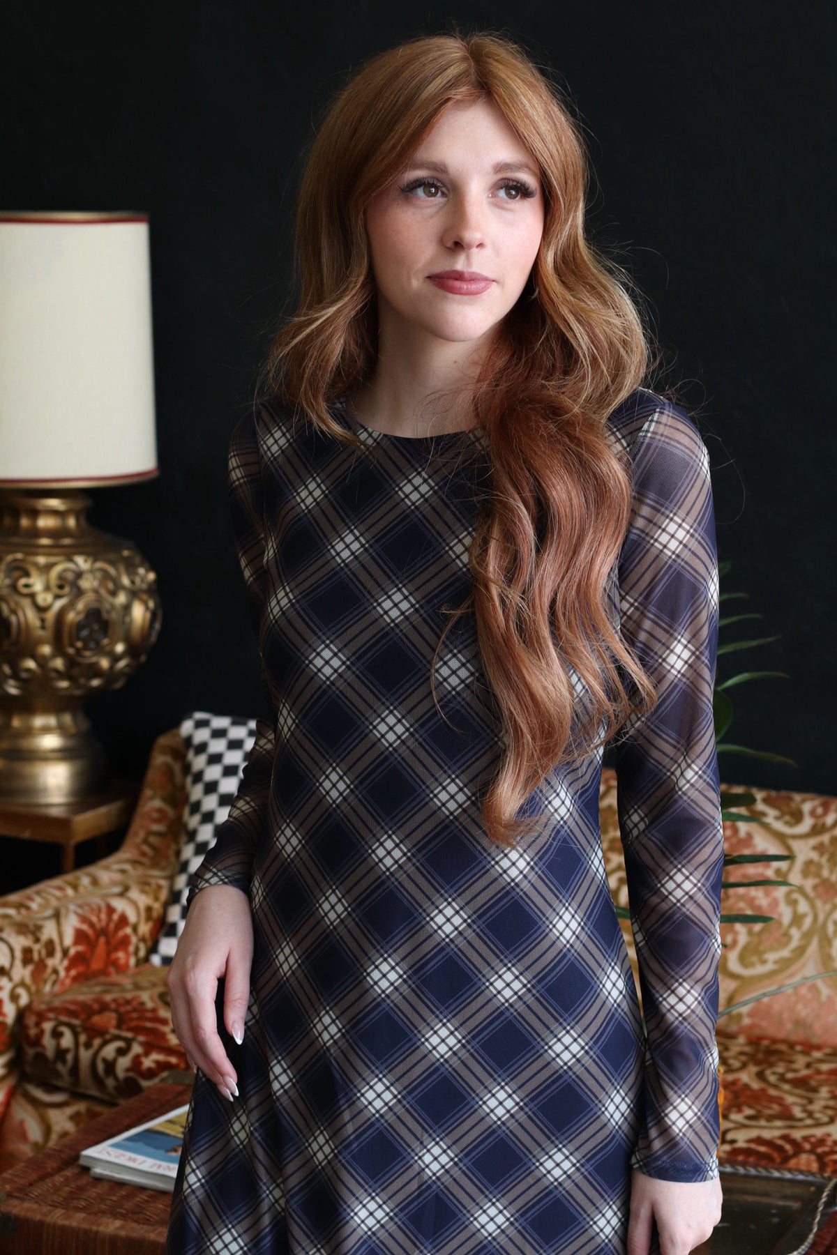 Trinity Navy Plaid Long Sleeve Maxi Dress