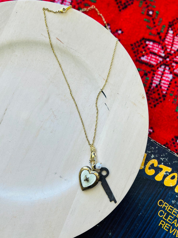 Pearl Heart Locket  & Key Charm Necklace