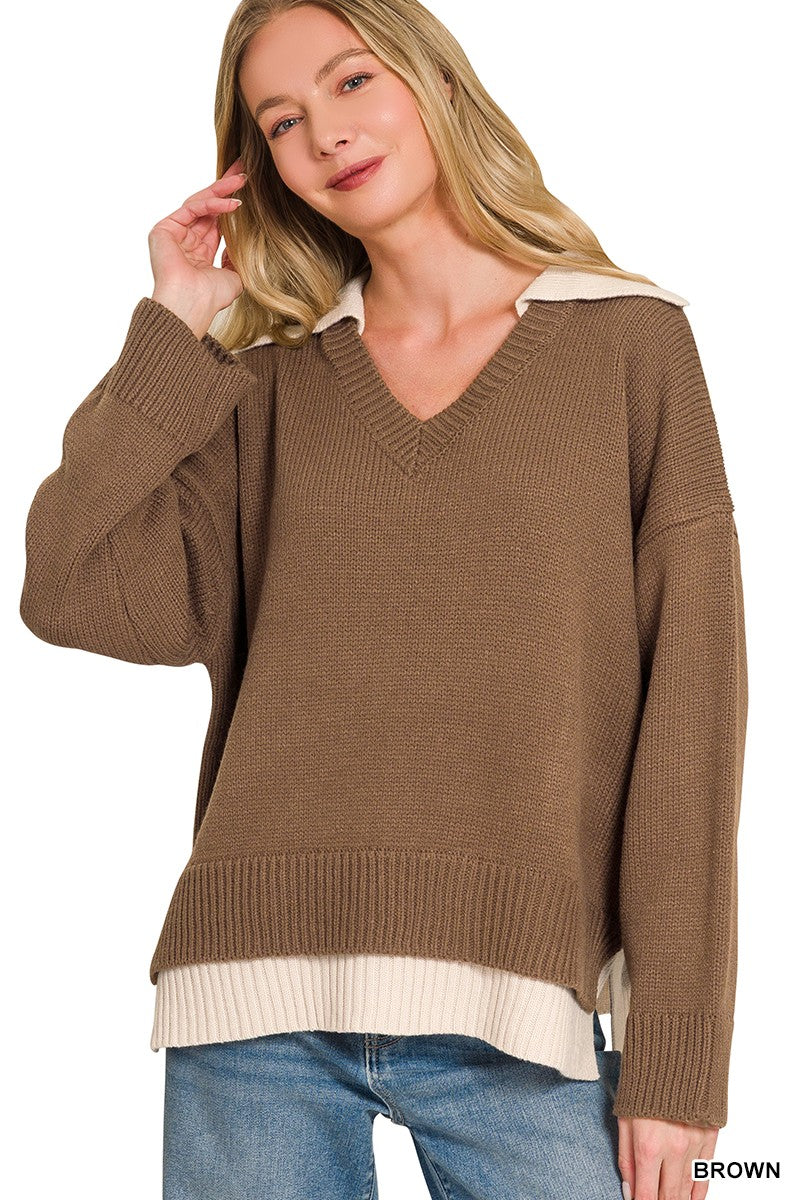 Veronica Collared V-Neck Sweater + Brown