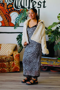 Lace-Trim Leopard Slip Dress in Black