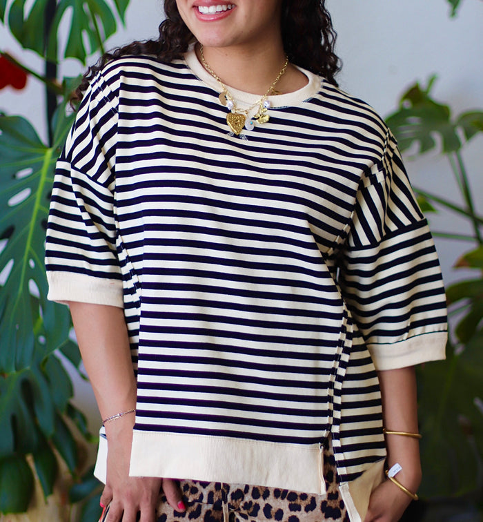 Molly Oversized Stripe Casual Knit Top Black