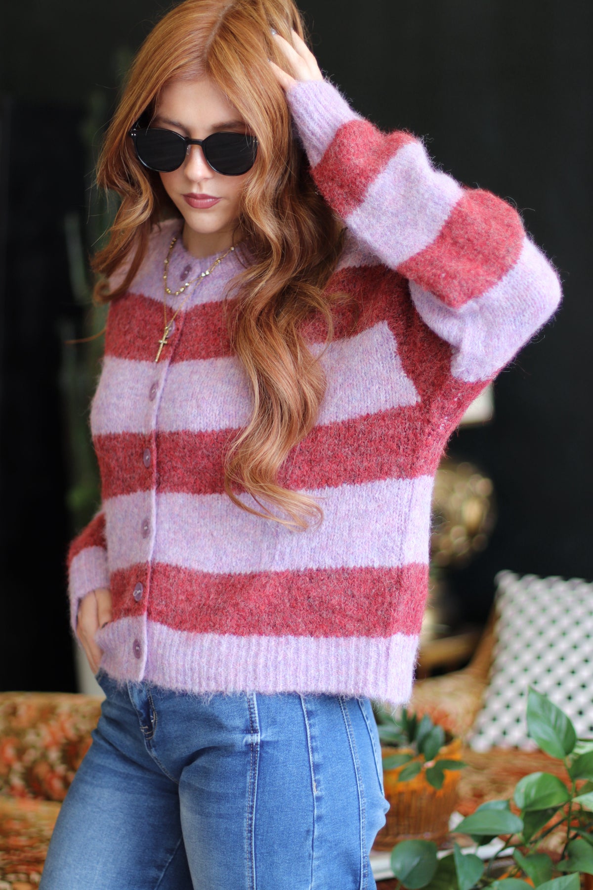Burgundy Striped Fuzzy Button Down Cardigan