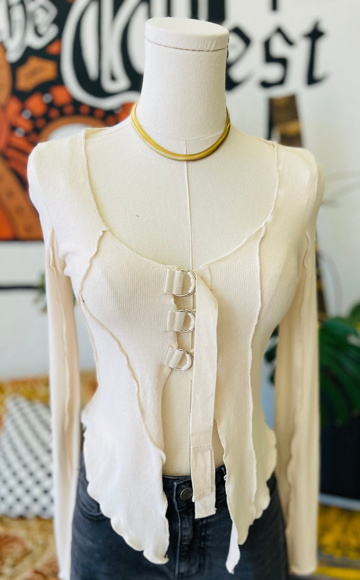 Ribbed Knit Buckle-Detail Top