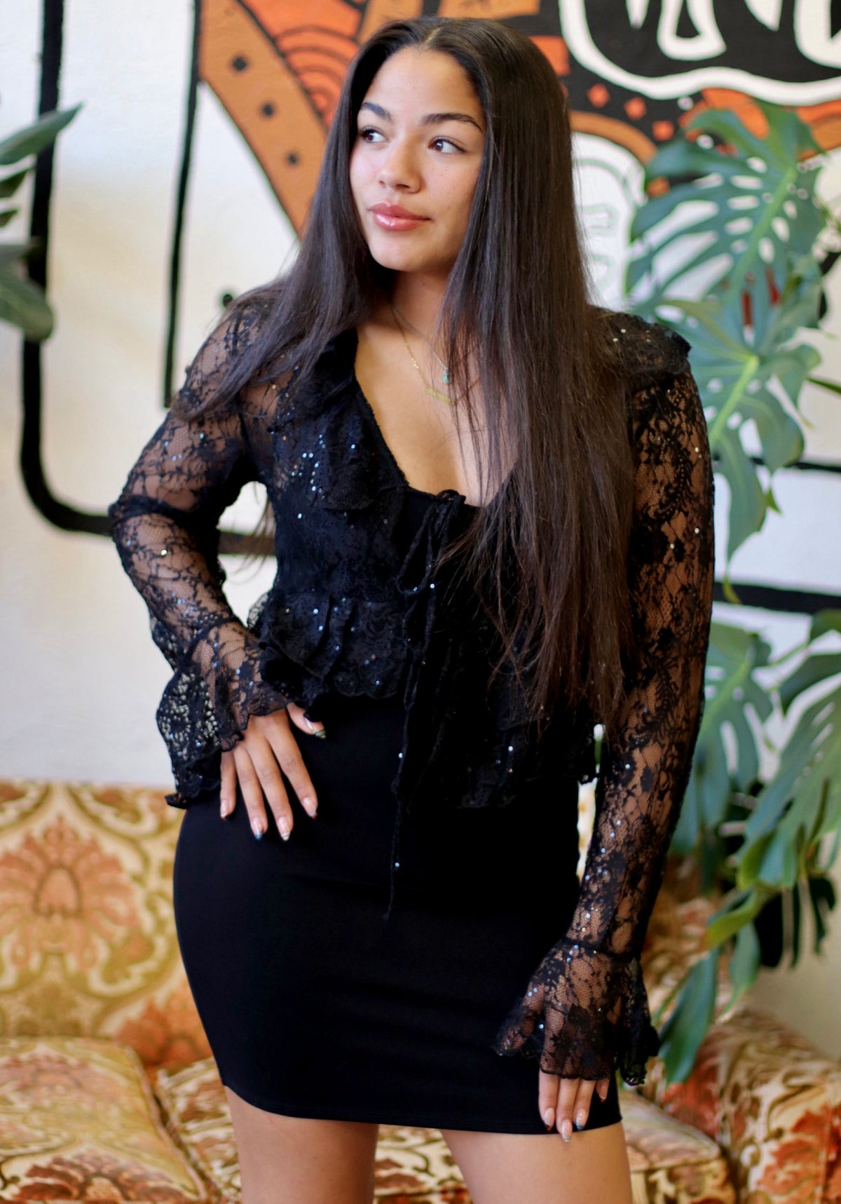 Sheer Ruffle Lace Blouse + Black
