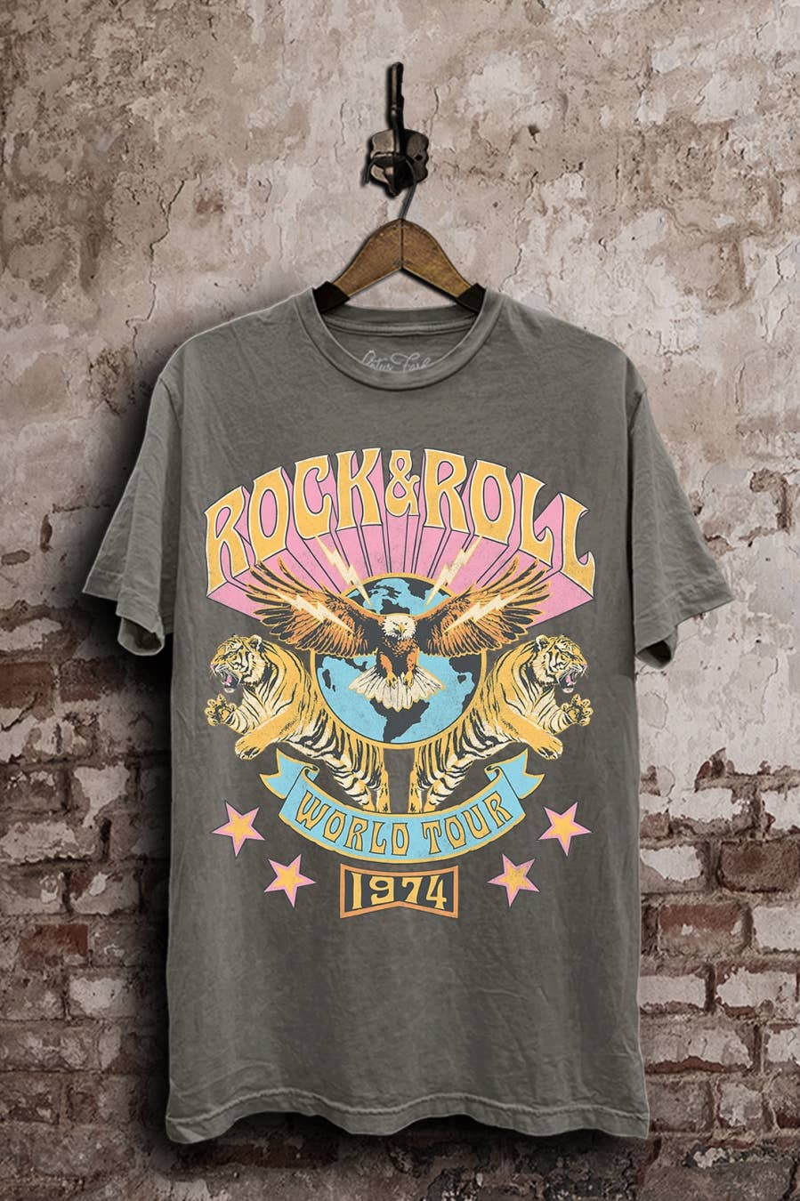 Rock & Roll World Tour Stone Gray Mineral Wash Graphic Tee