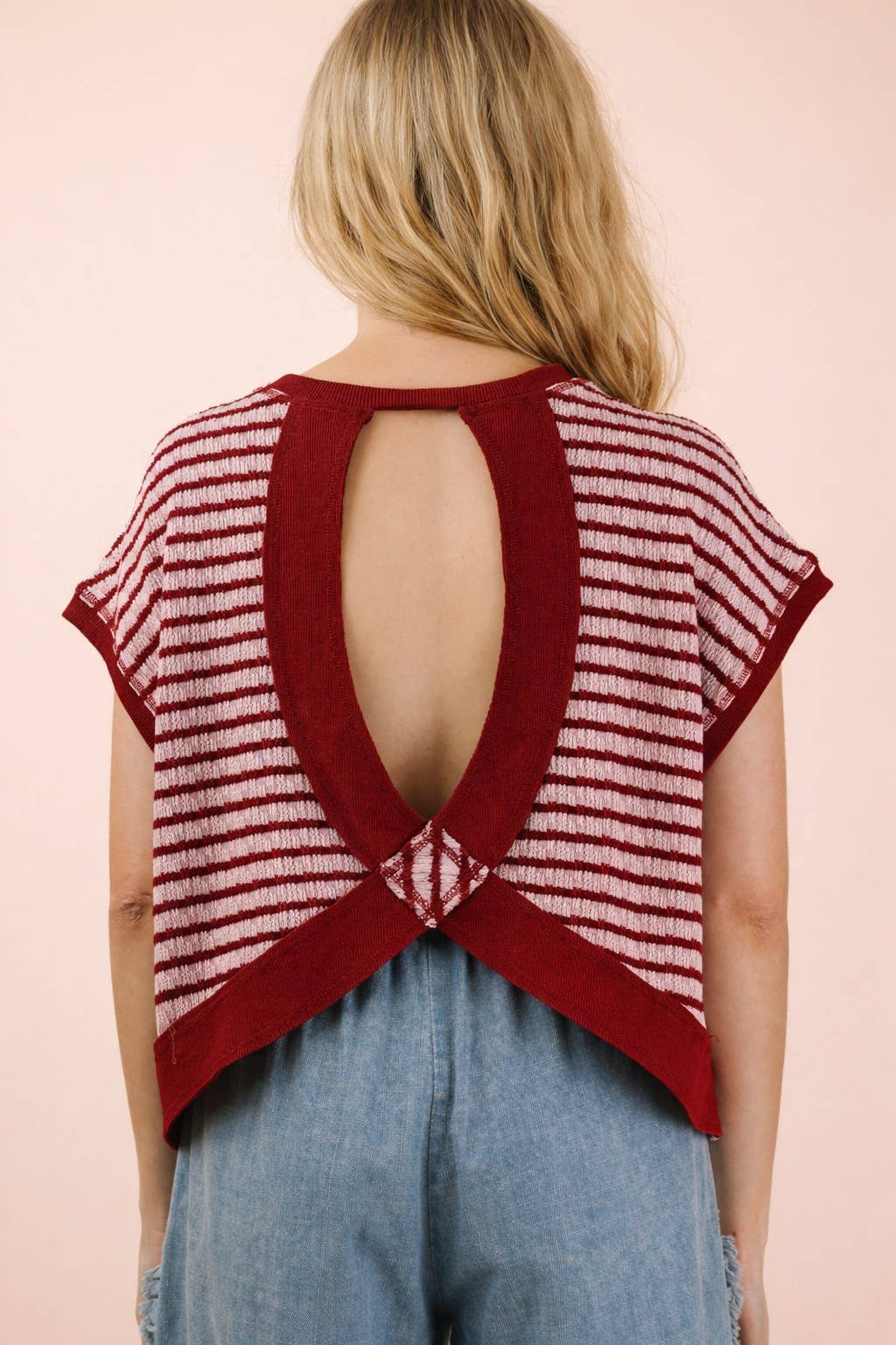 580 Friday Burgundy Striped Open Back Top