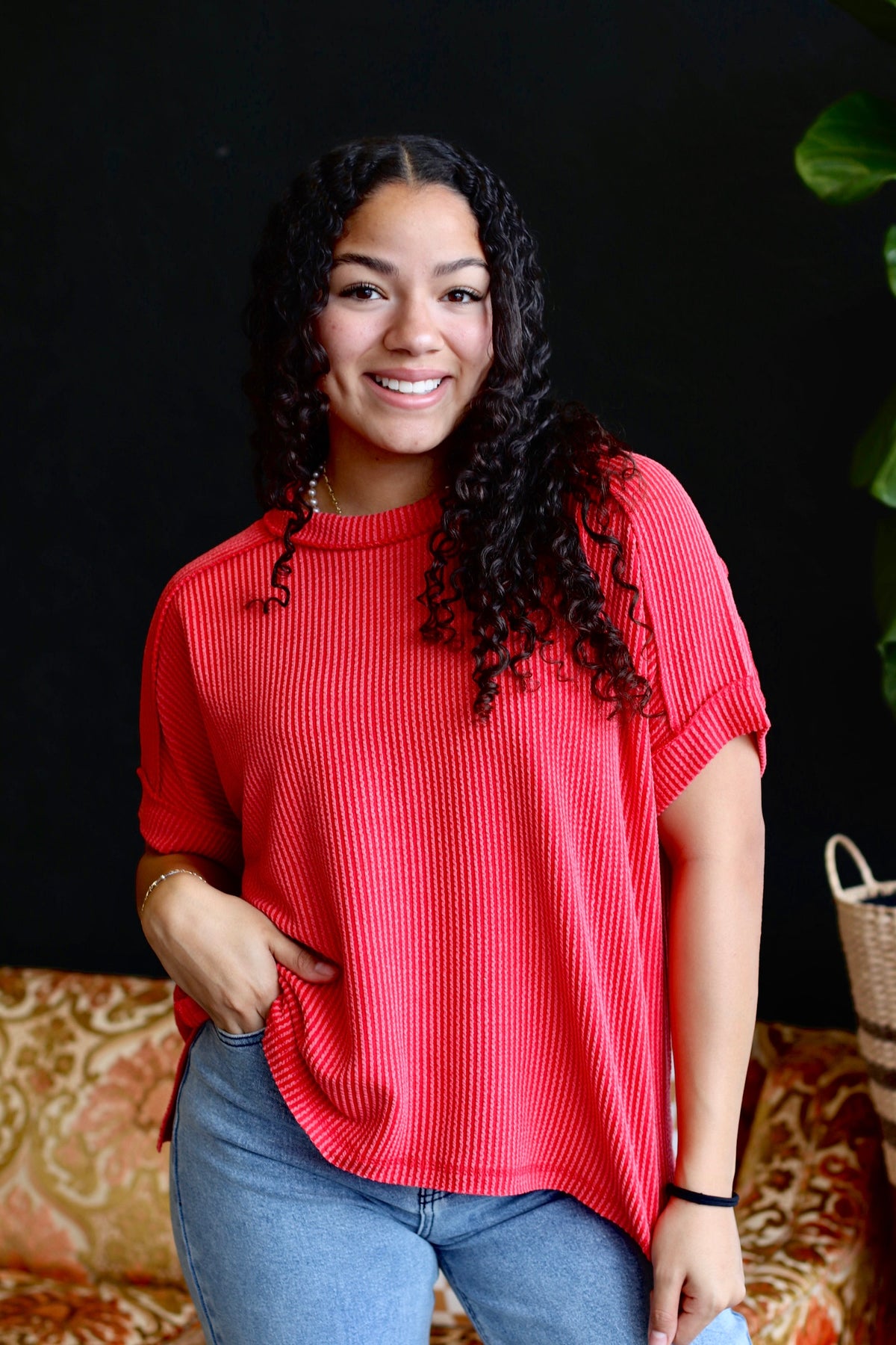 Ribbed Short Sleeve Top in Ruby (Plus Sizes Available)