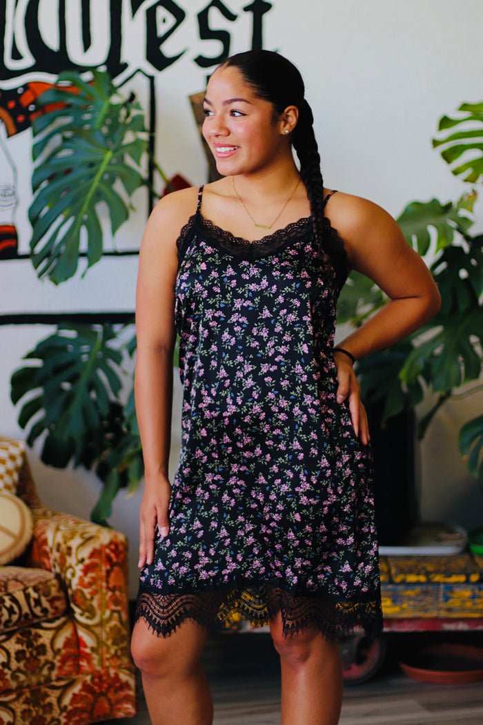 Black Floral Mini Slip Dress w/ Lace Detail