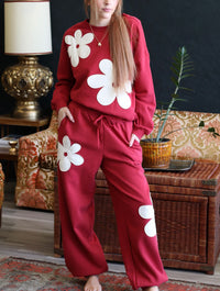 Red Floral Applique Drawstring Jogger Pants