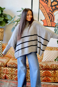 Striped Turtle Neck Oversized Sweater + Grey
