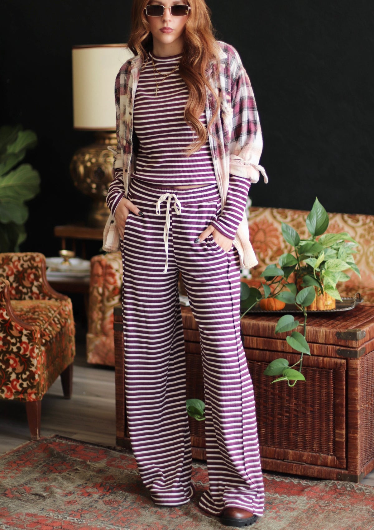 Plum Striped Ribbed Knit Long Sleeve Top & Pants Set