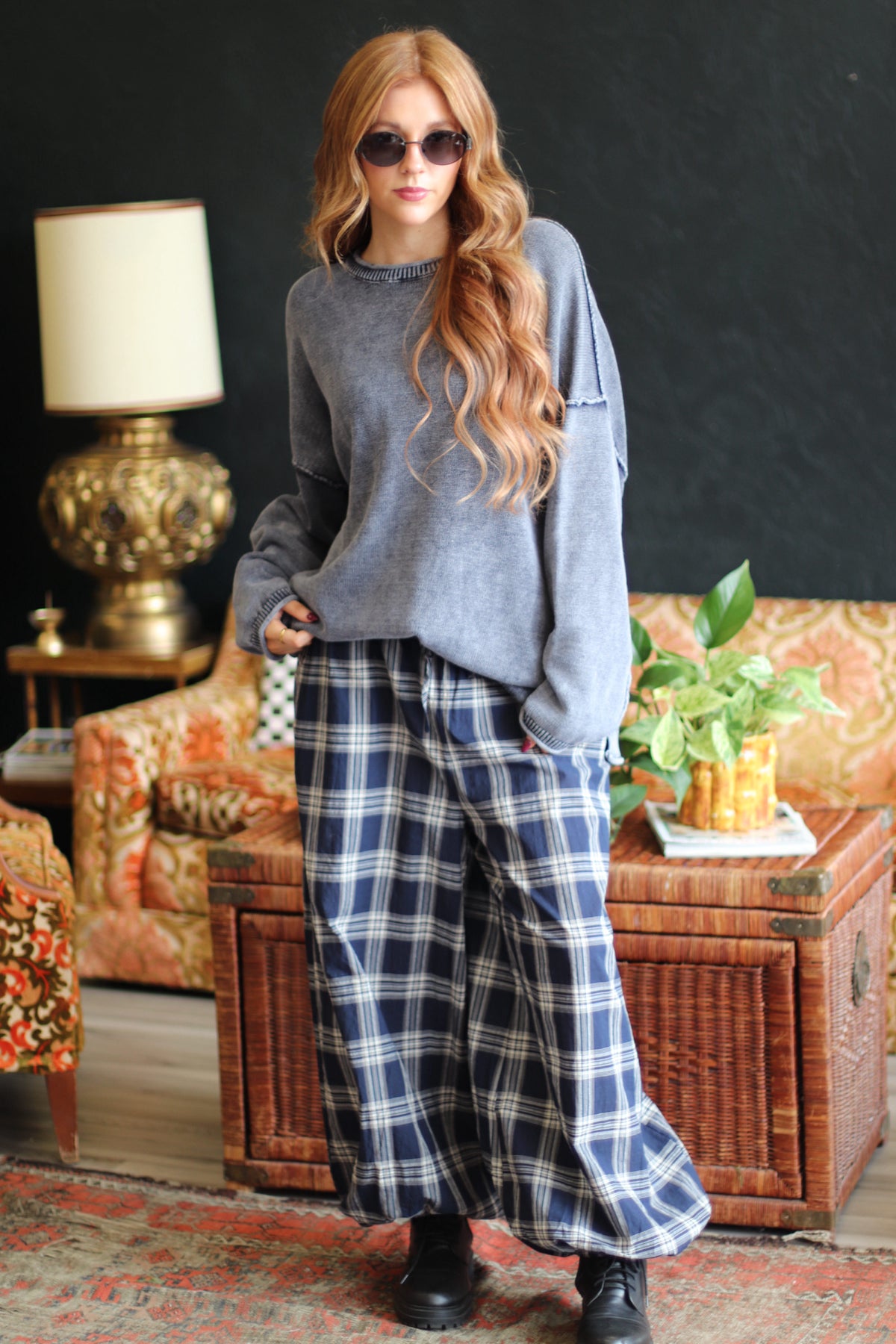Moonlight Plaid Balloon Pants in Navy