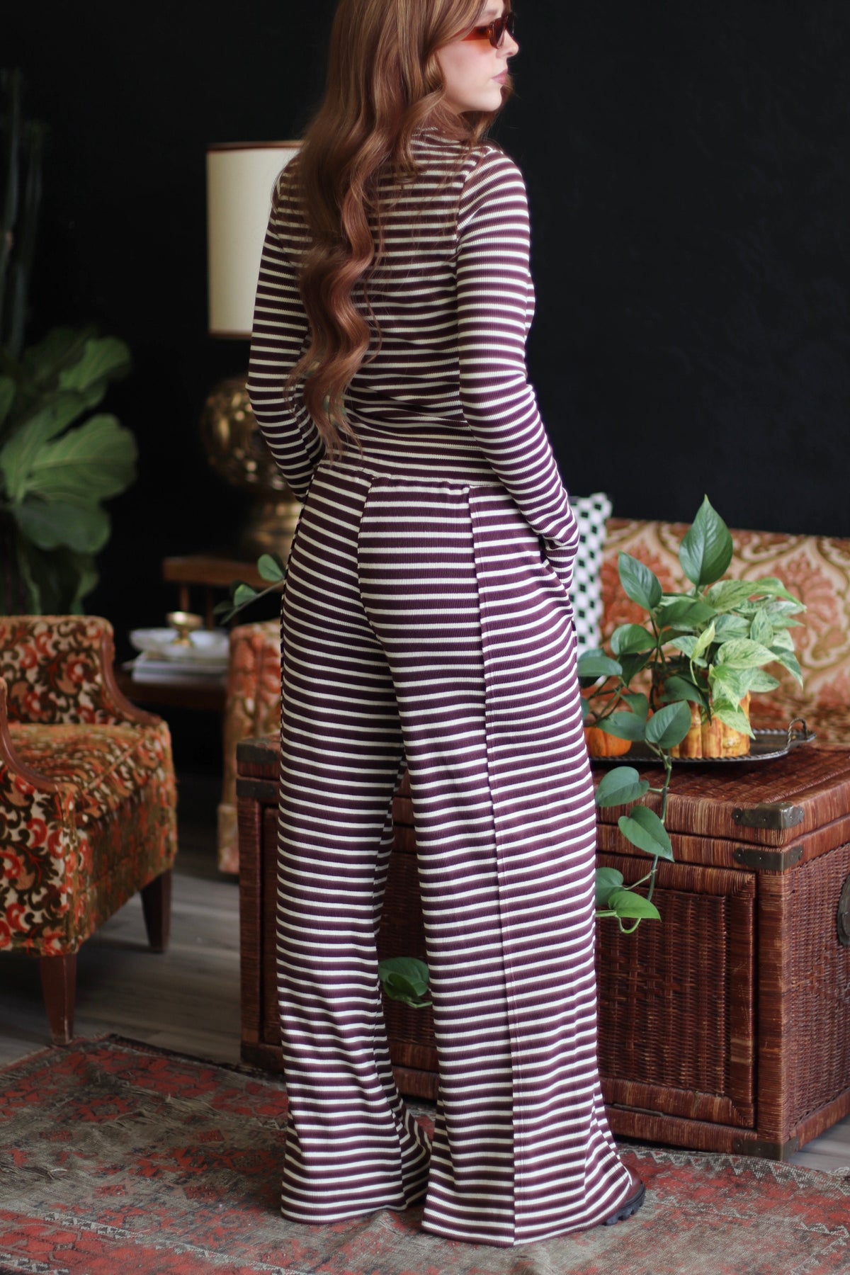 Brown Striped Ribbed Knit Long Sleeve Top & Pants Set