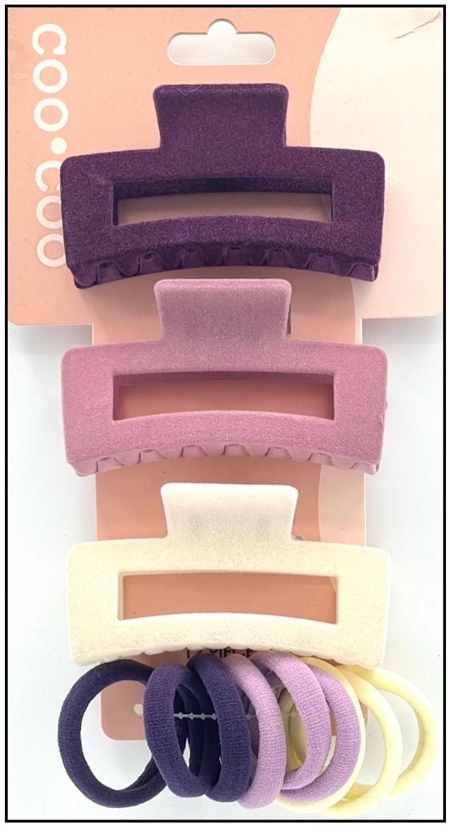 12PC Velour Square Claws & Elastic Pack Plum