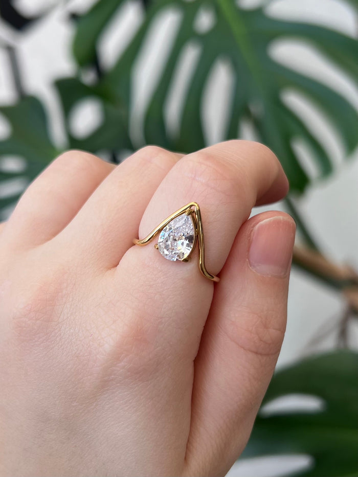 Zircon V Stacking Ring 18K Gold Plated SS Ring